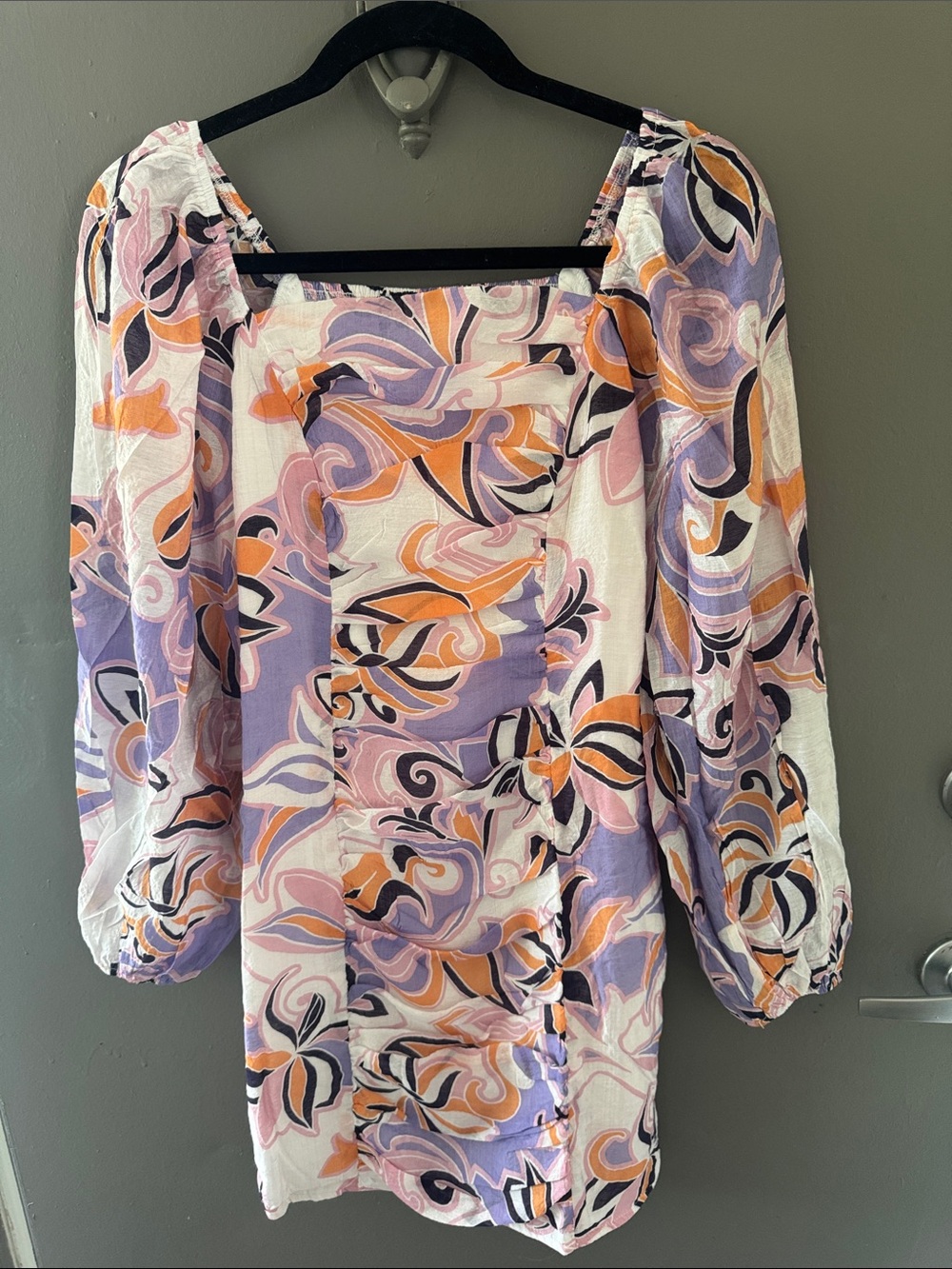 Purple & Peach Swirl Peasant Mini Dress